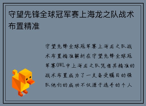 守望先锋全球冠军赛上海龙之队战术布置精准